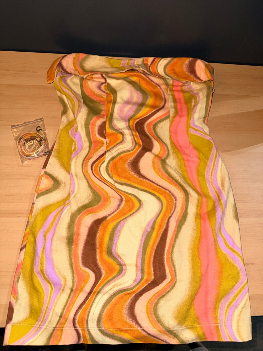 Strapless Multicolor Wave-Print Mini Dress